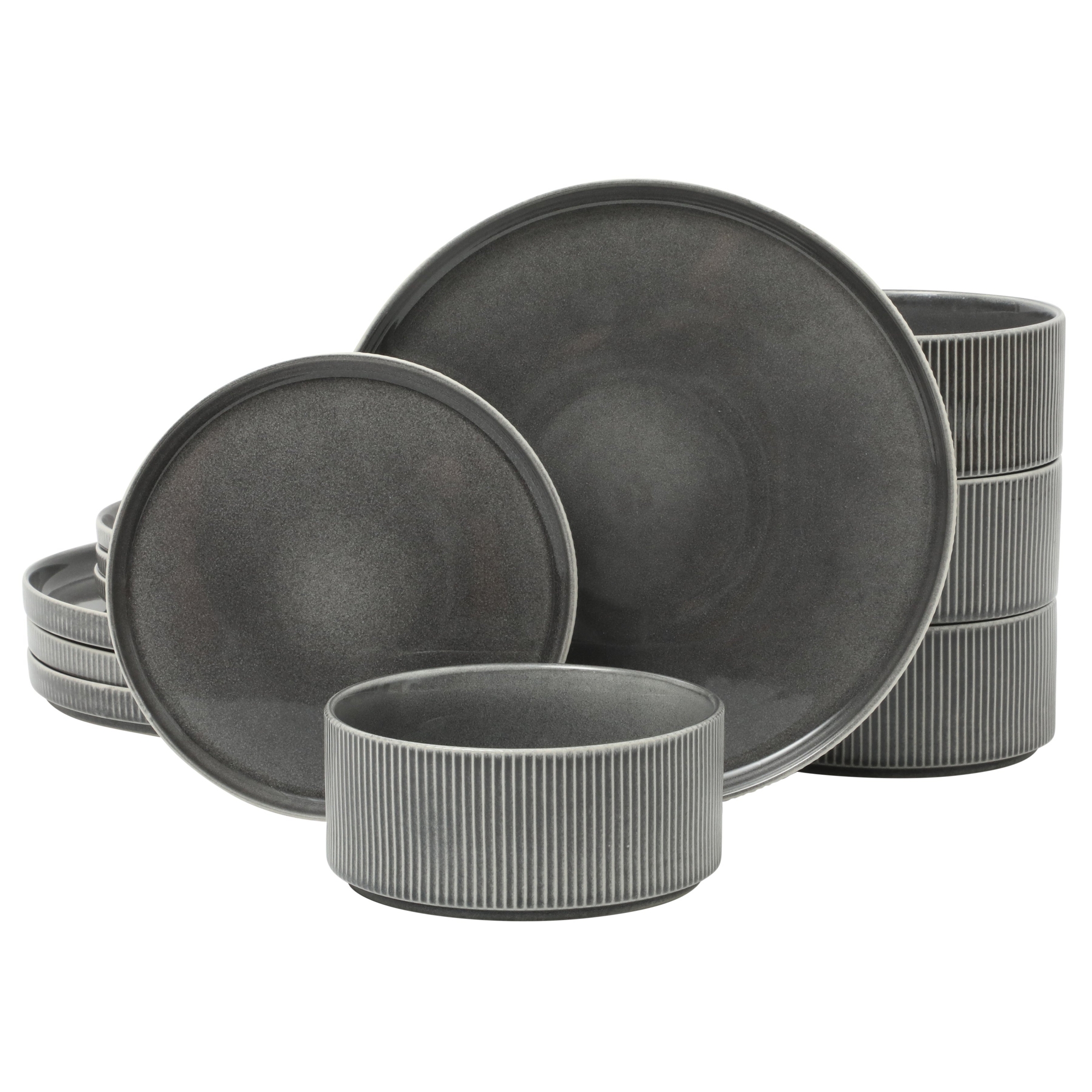 Gibson Elite Solana Coast 12 Piece Stoneware Reactive Glaze (Service for 4) Ceramic Plates and Bowls Modern Shape Embossed Dinnerware Set - Black