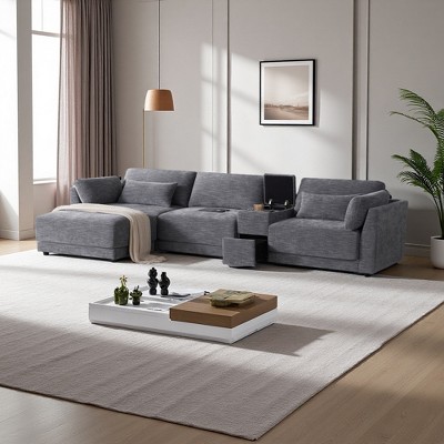 124" Chenille L-Shaped Modular Sectional Sofa with Console & Charging