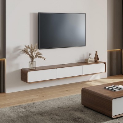 POVISON 63'' Fully Assembled Minimalist Floating TV Stand,Modern Wall-Mounted Entertainment Center with 3 Drawers for TVs up to 50",Walnut & White