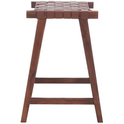 Cognac Woven Leather and Walnut Wood Backless Counter Stool