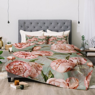 Deny Designs Queen UtArt Peach Peonies Watercolor Pattern Poly Comforter Set - Deny Designs: Reversible Floral Bedding, 3-Piece, Blue — фото 4