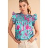 I AM A FASHION JUNKY Green Floral Print Ruffled Flutter Shoulder Smocked Blouse - 4 of 4