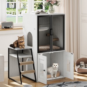 Cat Litter Box Enclosure Furniture, Double Layer Cat House with Door, Cat House with Ladder - 1 of 4