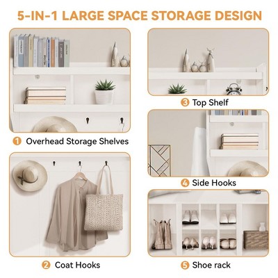 White 5-in-1 Entryway Hall Tree with Storage and Hooks