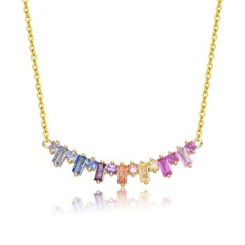 14k Yellow Gold Plated with Rainbow Gemstone Cubic Zirconia Linear Cluster Fringe Pendant Necklace