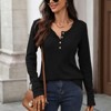 Women's Waffle Knit Crew Neck Henley Top Long Sleeve Buttoned Loose Casual T-Shirt - 3 of 4