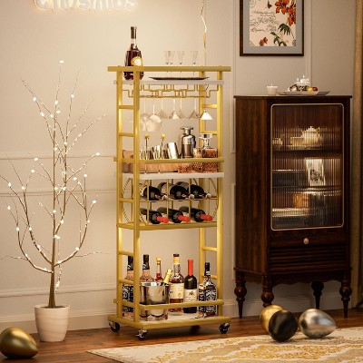 4 Tier Bar Cart with Wheels, Home Bar Serving Cart, Rolling Mini Wine Cart with Wine Rack and Glass Holder