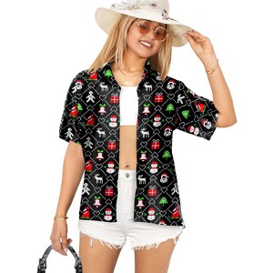 LA LEELA Women's Beach Funny Santa Claus Party Shirt Blouse Short Sleeve Tops Christmas Tree Hawaiian Gifts Shirts for Women - 1 of 4