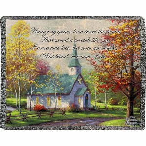 Manual Woodworkers and Weavers Chapel in the Woods Tapestry Throw Blanket 60"x50", Cotton, Rustic Nature and Spiritual Scene - 1 of 3