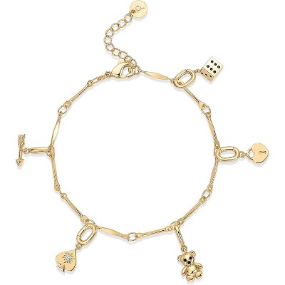 14K Gold Plated Adjustable Bracelet for Women | Twisted Bar & Paperclip Charm Chain Bracelets with Moon, Evil Eye