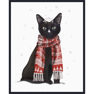 Amanti Art 23"x28" Black Cat Red Scarf by Fab Funky Framed Canvas Wall Art Print - 1 of 4