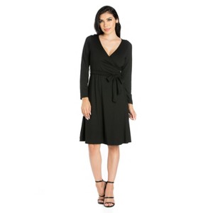 24seven Comfort Apparel Chic V-Neck Long Sleeve Belted Dress - 1 of 4