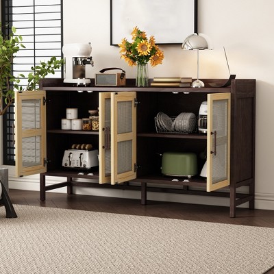 Rattan Sideboard Buffet Cabinet, 60'' storage Cabinet,Coffee Bar Cabinet with Adjustable Shelf, Console Cabinet for Kitchen Living Room Hallway