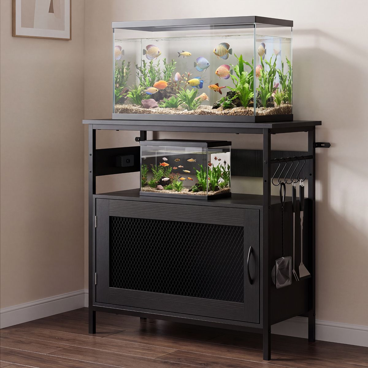 Aquarium Stand with Power Outlet, Aquarium Stand with Storage Cabinet Hooks, 380 Lbs Capacity Reptile Terrarium Stand for Home Office Living Room