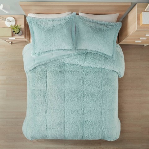 Intelligent Design IntelligentDesign 3pc Full/Queen Leena Shaggy Long Faux Fur Comforter Mini Set Aqua Blue: Teen Bedding, Gender Neutral: Midweight, All Ages Cozy Set