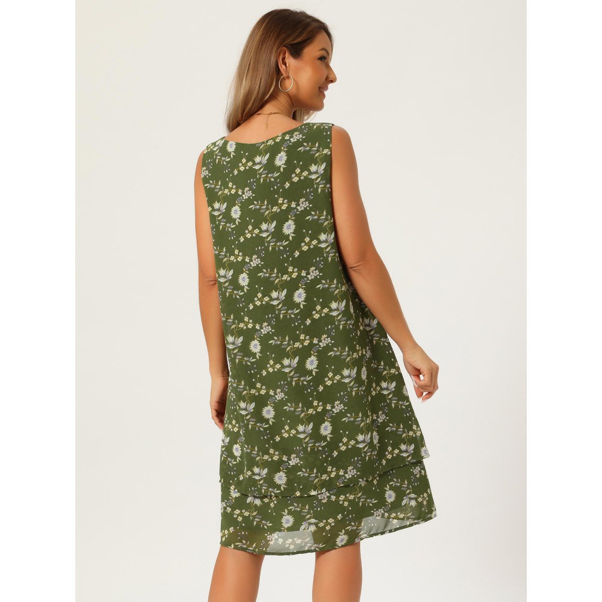 Женские платья INSPIRE CHIC Women's Chiffon Sleeveless Floral Print Crewneck Tiered Layered Flowy Dress Large Green — фото 5