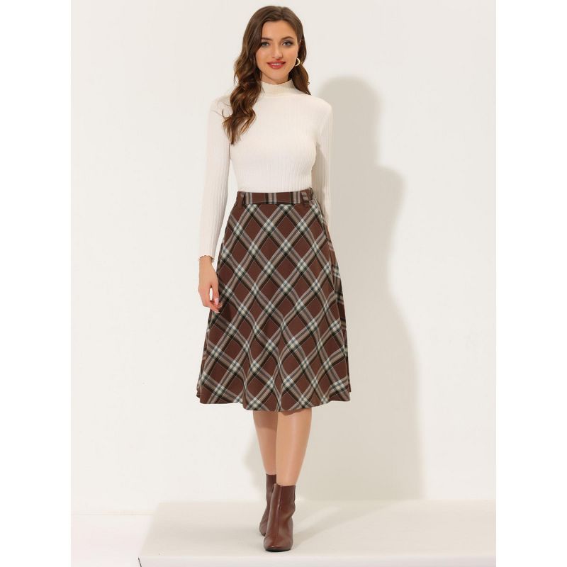 Allegra K Women's Tartan Plaid High Waist Belted Vintage A-Line Midi Skirt, 6 of 7