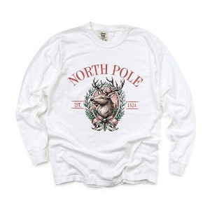 Simply Sage Market Women's North Pole Reindeer Oval Wreath Long Sleeve Garment Dyed Tee - 1 of 4