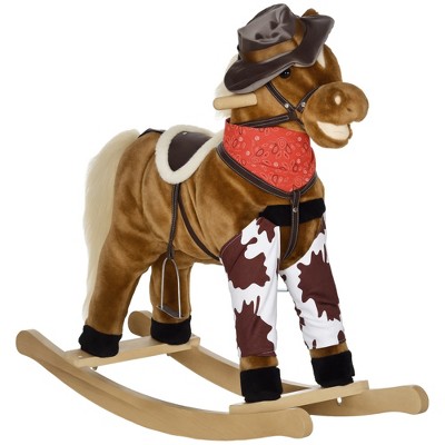 Qaba Baby Rocking Horse, Large Riding Horse, Plush Animal Rocker with Realistic Sound, Saddle, Toy for Boy Girl Ages 3-8 Years Old, Brown