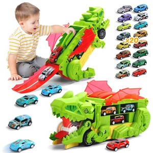 Skirfy 20 in 1 Dinosaur Transport Truck with 20 Cars, City Dinosaur Ultimate Hauler Track Toy, green - 1 of 4