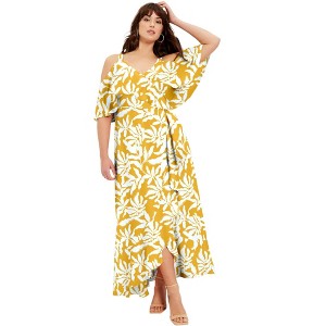June + Vie by Roaman's Women's Plus Size Cold-Shoulder Faux-Wrap Maxi Dress - 1 of 4