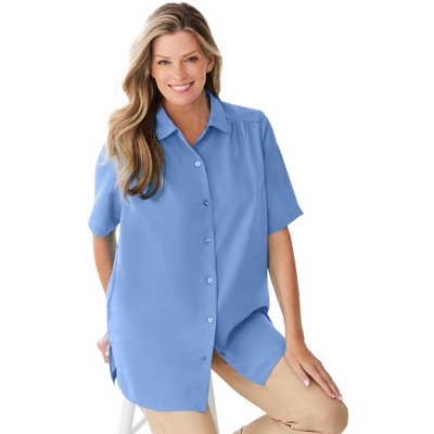 Woman Within Plus Size Short-Sleeve Peachskin Button-Front Shirt