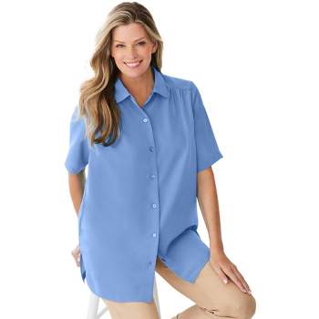 Woman Within Women's Plus Size Short-Sleeve Peachskin Button-Front Shirt
