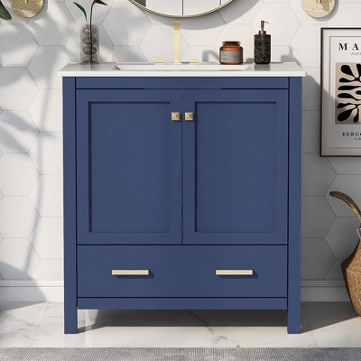 30 Inch Solid Wood Frame Bathroom Vanity with Single Sink, 2 Doors and a Drawer