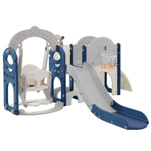 7-in-1 Kids Slide and Swing Set, Toddler Freestanding Slide Playset With Basketball Hoop, Climbing Frame for Playground Birthday Gifts - 1 of 4