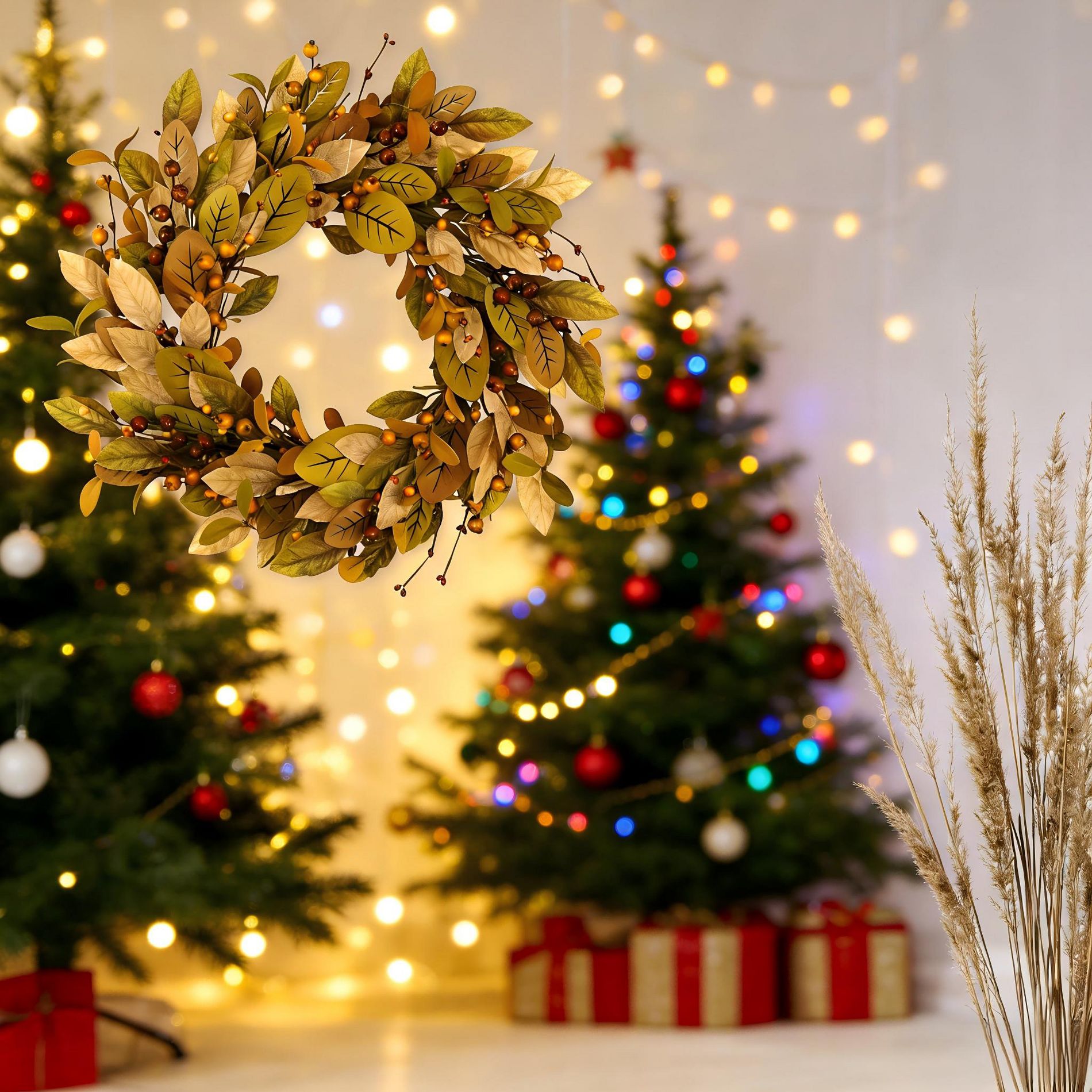 Attop 20'' Christmas Winter Wreath - Front Door Decor with Evergreen Pine, Red Berries & Cranberries for Home Indoor Outdoor Holiday Decoration