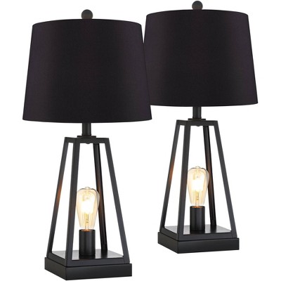 Franklin Iron Works Modern Table Lamps Set of 2 with USB Charging Port and Nightlight LED Black Metal Drum Shade Living Room House