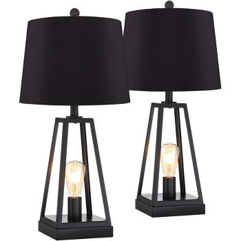 Franklin Iron Works Kacey Industrial Table Lamps 25 1/4" High Set of 2 Dark Metal with USB LED Nightlight Black Faux Silk Shade for Living Room Desk