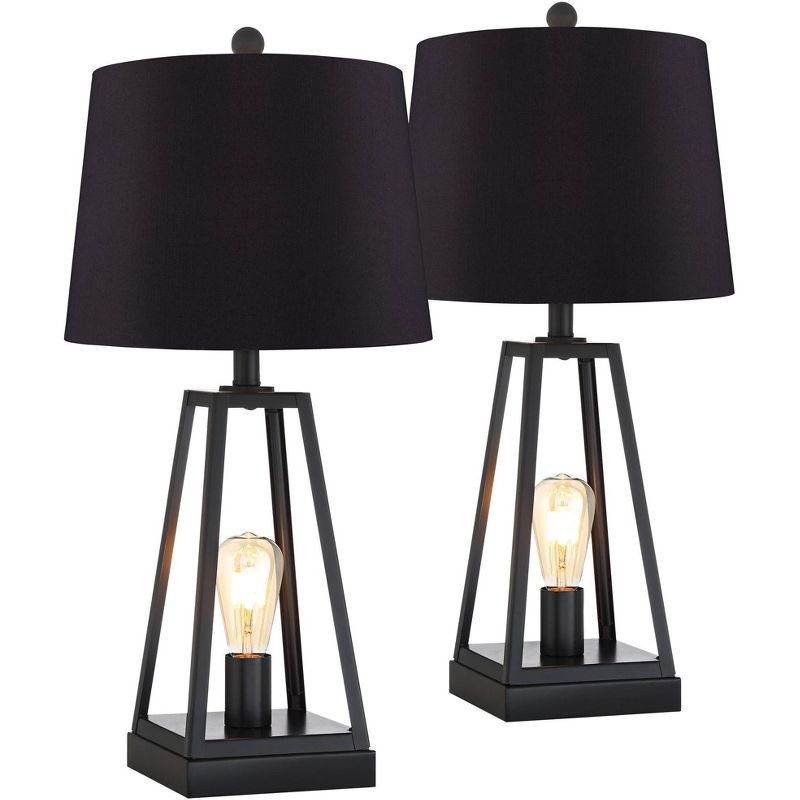 Franklin Iron Works Kacey Industrial Table Lamps 25 1/4" High Set of 2 Dark Metal with USB LED Nightlight Black Faux Silk Shade for Living Room Desk, 1 of 10