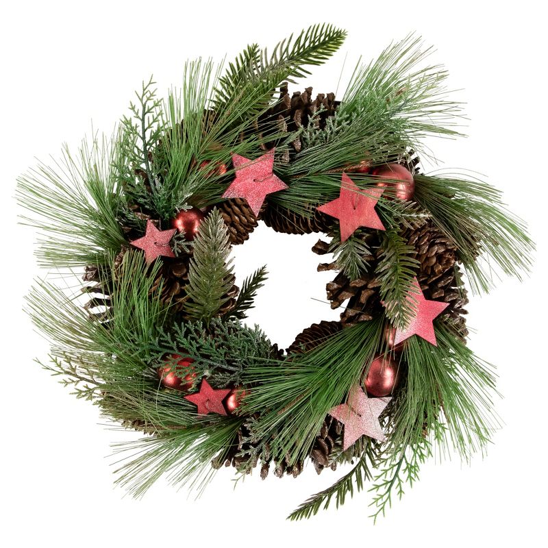 Northlight Real Touch™️ Pine and Pinecone Artificial Christmas Wreath with Stars  - 13.5" - Unlit, 1 of 7