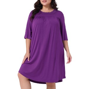 Agnes Orinda Women's Plus Size 3/4 Sleeve Sleepwear Lace Crew Neck Comfy Sleep Gowns Pleated Nightshirt - 1 of 4