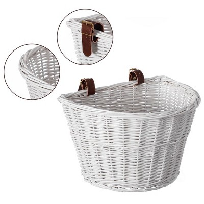 White Wicker Front Cargo Bike Basket with Faux Leather Straps