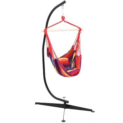 Sunnydaze Double Cushion Hanging Rope Hammock Chair with C-Stand - 265 lb. Weight Capacity - Sunset