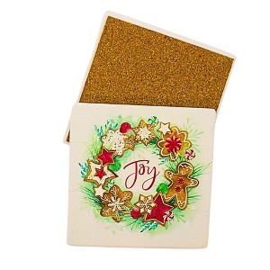 Coasterstone 4.25 In Gingerbread Joy Square Coaster Wreath Greenery Star Cookies Coasters - 1 of 3