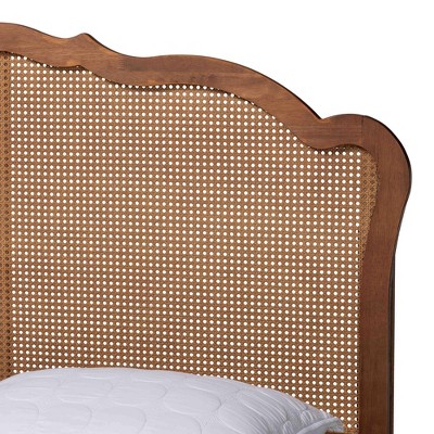 King Walnut Brown Wood and Rattan Platform Bed with Slats