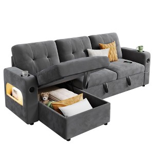 Jojoka 84" Modern L-Shaped Sofa Bed with Storage, LED Lights, USB/Type-C Charging Ports, Reversible Chaise for Living Room, Velvet - 1 of 4
