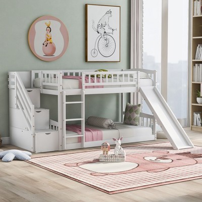 Grungis Twin over Twin Loft Bed with 2 Drawers and Slide,Modern Bunk Bed with Staircase and Ladder and Guardrails,Loft and Bunk Bed for Bedroom