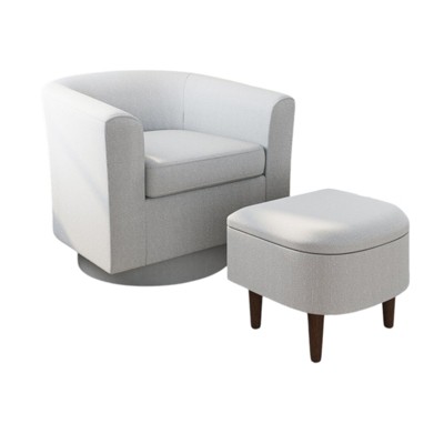 HomeRoots 29" Light Gray Fabric Upholstered Swivel Barrel Chair With Storage Ottoman