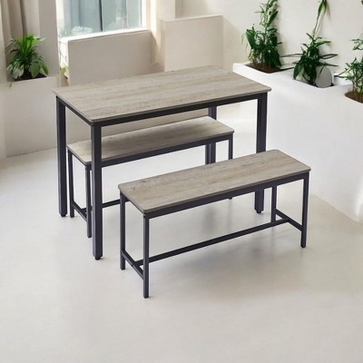 Alilang 43.30 inch 3-Piece Dining Table Set with Benches Rustic Wood Top and Metal Frame-Gray