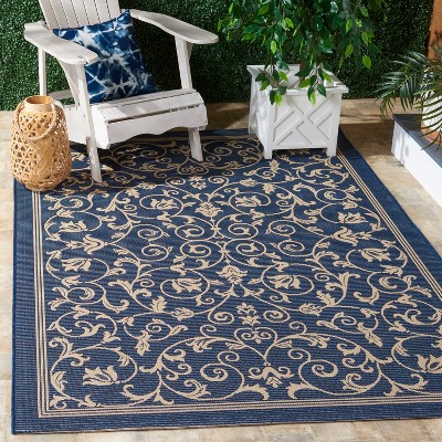 Navy and Beige Rectangular Synthetic Outdoor Area Rug