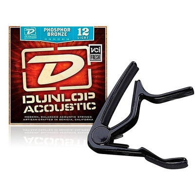 Dunlop Trigger Flat Black Capo and Phosphor Bronze Light Acoustic Guitar Strings