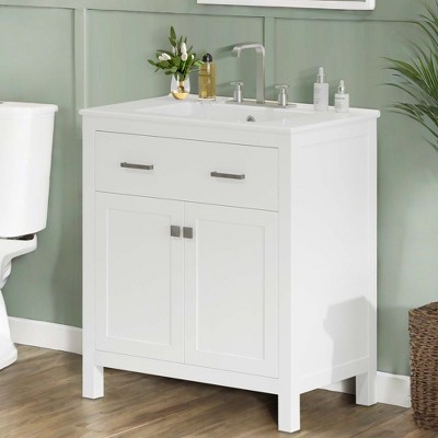 NicBex 30" Bathroom Vanity with Ceramic Sink, Bathroom Cabinet Storage with 2 Spacious Cabinet Doors and 1 Flip Drawers for Bathroom, White