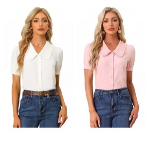 INSPIRE CHIC Women's Peter Pan Collar Puff Short Sleeve Button Cuff Elegant Blouse 2 Packs - 1 of 4