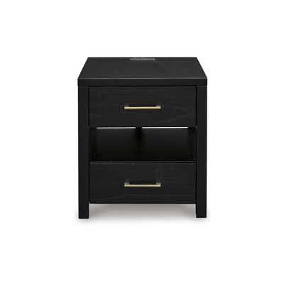 Black Rectangular Wood End Table with Storage and USB Ports