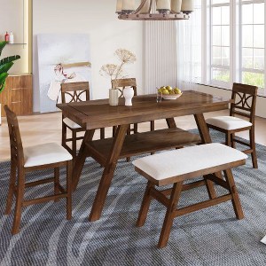 Kumasinova 6-Piece Farmhouse Counter Height Dining Set, 60" Table with Storage Shelf, 4 Chairs & Bench, Rustic Kitchen Table Set - 1 of 4