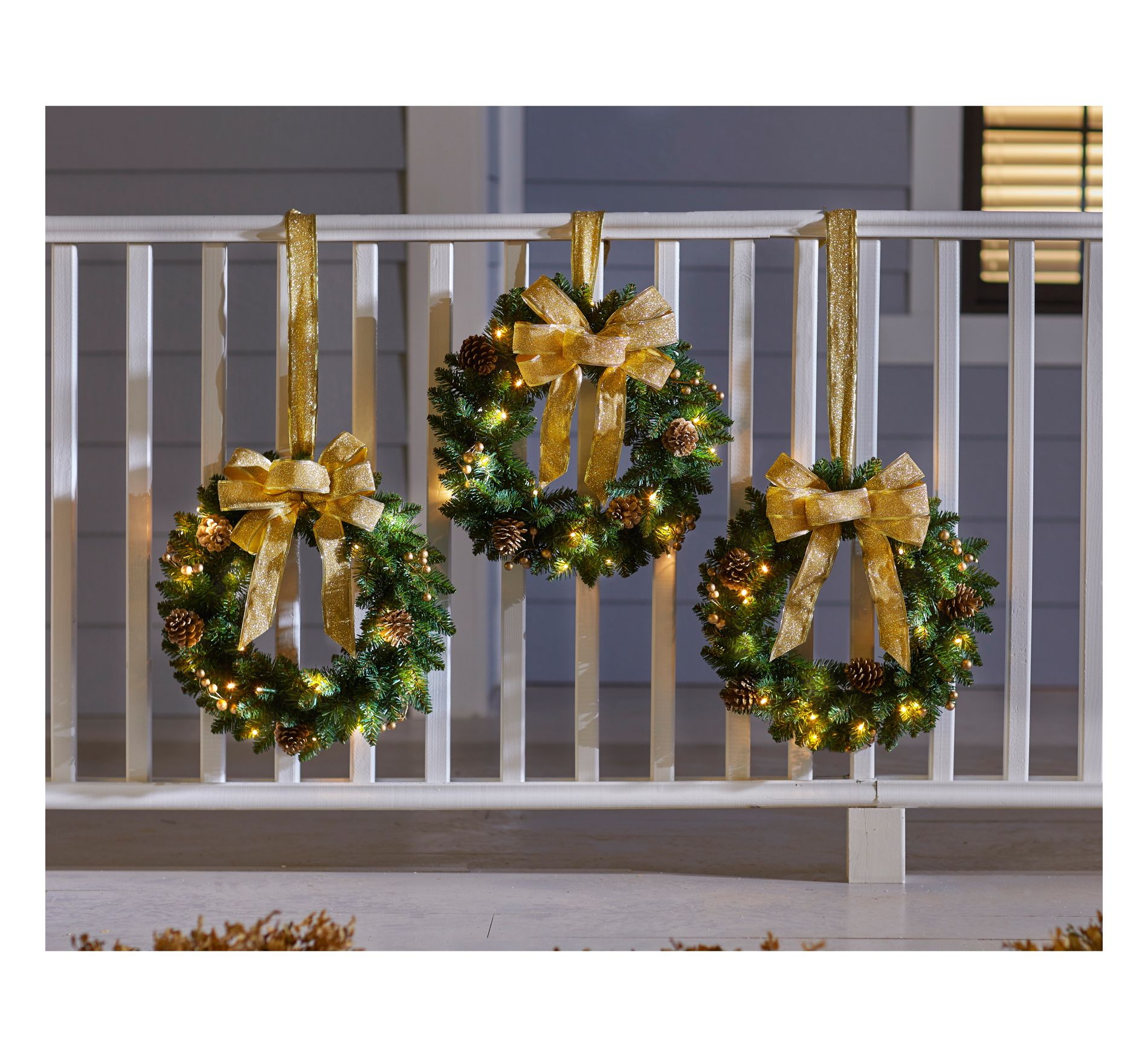 BrylaneHome Set Of 3 Cordless Pre-Lit Mini Christmas Wreaths